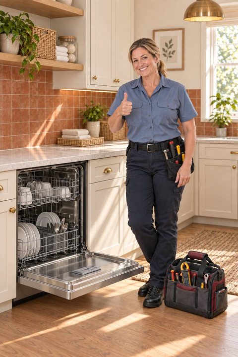 Noisette technician beside an open dishwasher after a test cycle in a Park Circle kitchen