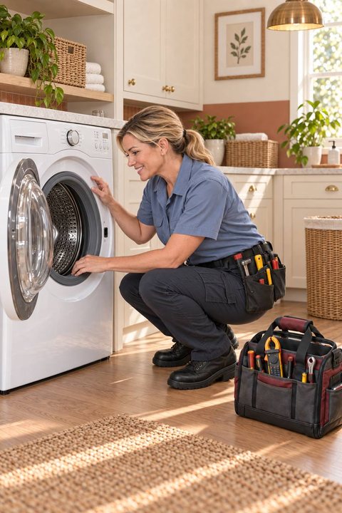 Noisette technician checking the drum of a front-load washer in a North Charleston laundry room